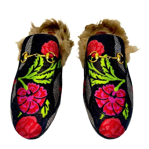 GUCCI PRINCETOWN TAPESTRY BROCADE FUR FLORAL MULE SLIPPERS - Picture 2 of 7